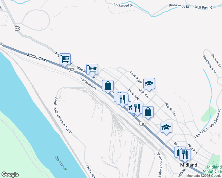 map of restaurants, bars, coffee shops, grocery stores, and more near 421 Beaver Avenue in Midland