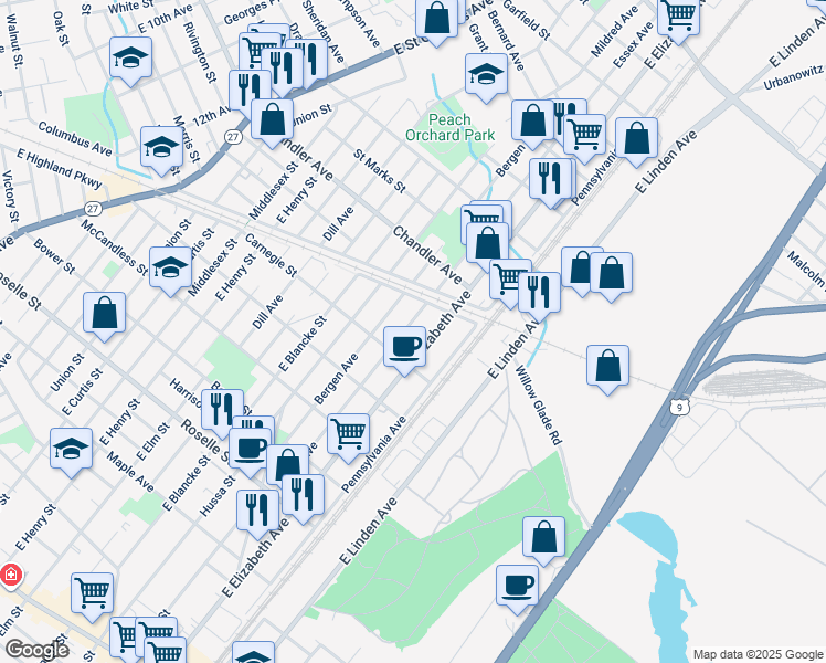 map of restaurants, bars, coffee shops, grocery stores, and more near 1026 Essex Avenue in Linden