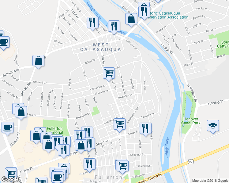 map of restaurants, bars, coffee shops, grocery stores, and more near 1125 3rd Street in Fullerton