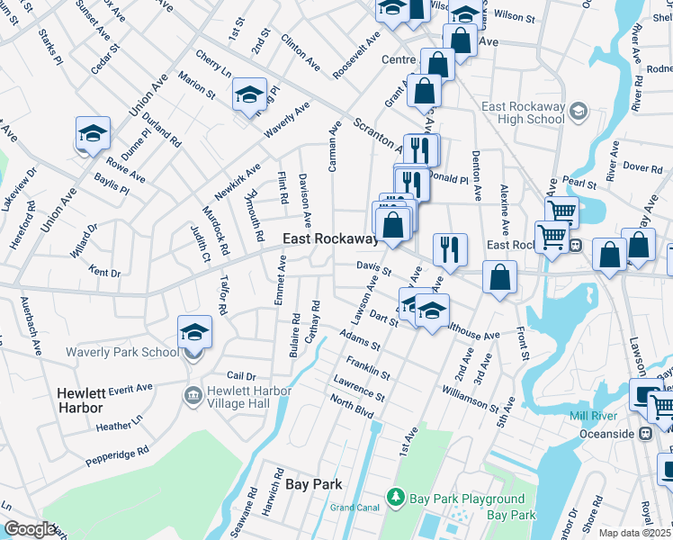 map of restaurants, bars, coffee shops, grocery stores, and more near 1 Davis Street in East Rockaway
