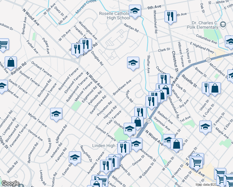 map of restaurants, bars, coffee shops, grocery stores, and more near 515 Brooklawn Avenue in Roselle