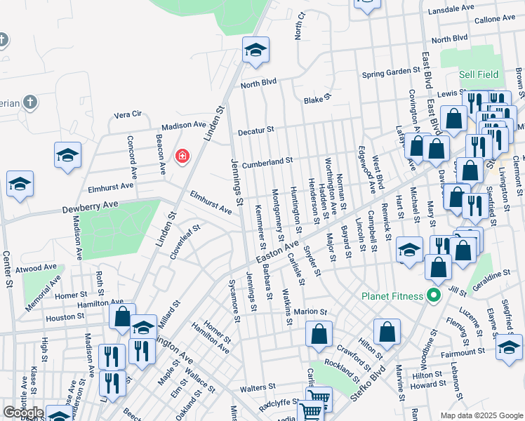 map of restaurants, bars, coffee shops, grocery stores, and more near 2030 Kemmerer Street in Bethlehem