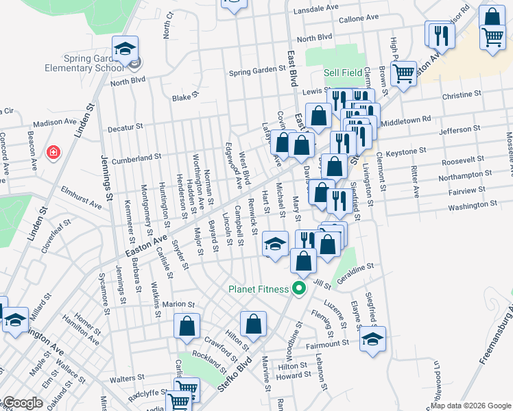 map of restaurants, bars, coffee shops, grocery stores, and more near 2019 Renwick Street in Bethlehem