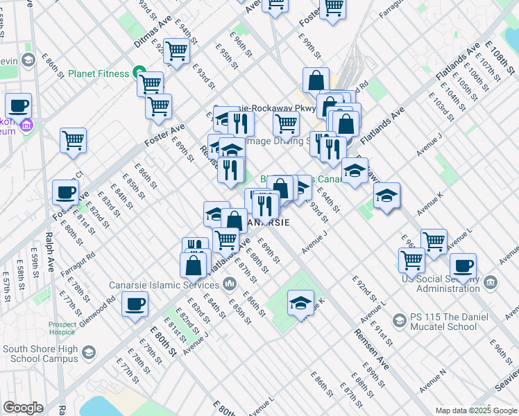 map of restaurants, bars, coffee shops, grocery stores, and more near 1177 Remsen Avenue in Brooklyn