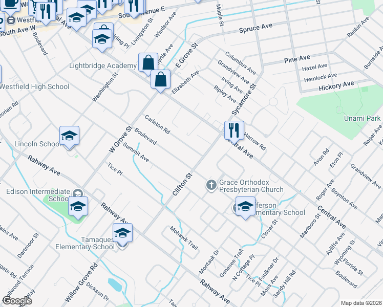 map of restaurants, bars, coffee shops, grocery stores, and more near 940 Carleton Road in Westfield