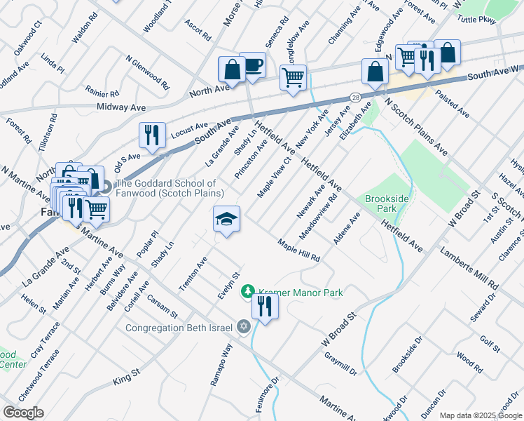 map of restaurants, bars, coffee shops, grocery stores, and more near 2057 Jersey Avenue in Scotch Plains