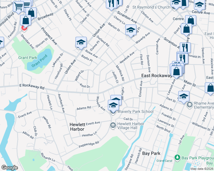map of restaurants, bars, coffee shops, grocery stores, and more near 7 Leonard Drive in East Rockaway