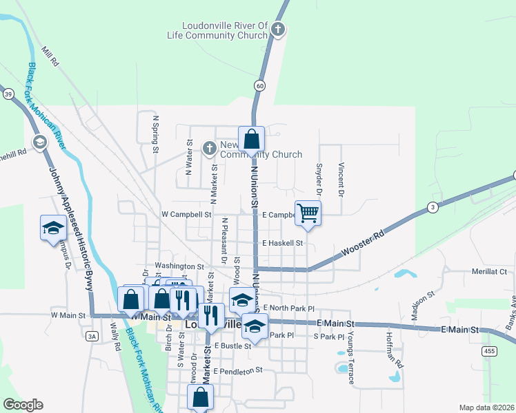 map of restaurants, bars, coffee shops, grocery stores, and more near 512 North Union Street in Loudonville
