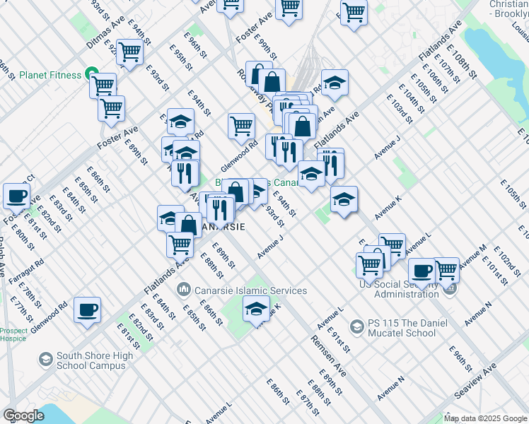 map of restaurants, bars, coffee shops, grocery stores, and more near 1192 East 93rd Street in Brooklyn