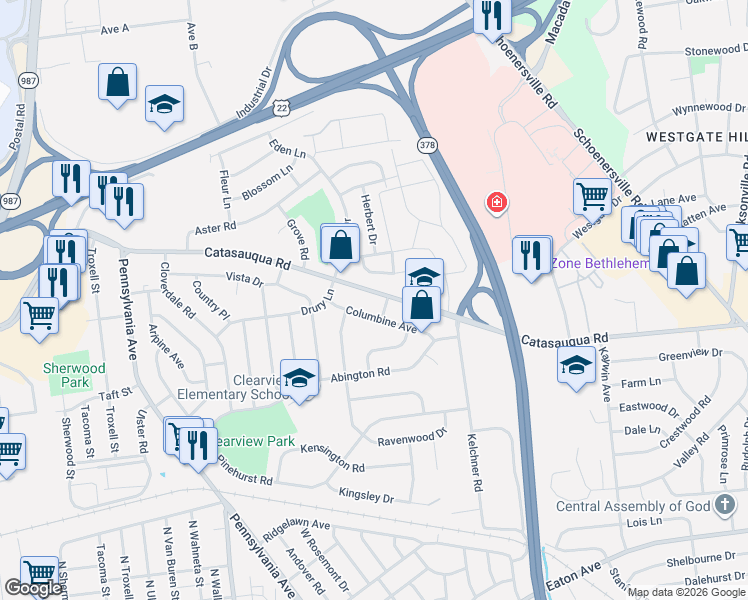 map of restaurants, bars, coffee shops, grocery stores, and more near 1919 Catasauqua Road in Bethlehem