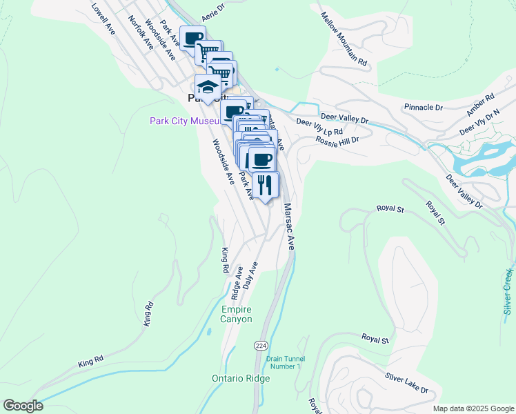 map of restaurants, bars, coffee shops, grocery stores, and more near 206 Park Avenue in Park City