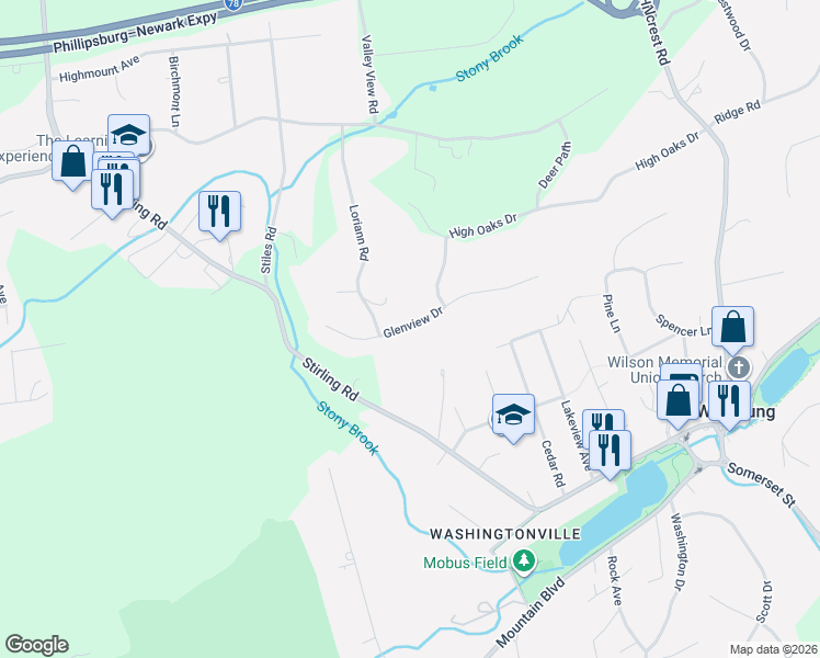 map of restaurants, bars, coffee shops, grocery stores, and more near 16 Glenview Drive in Warren