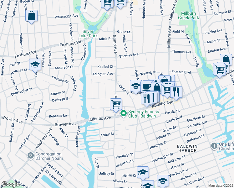 map of restaurants, bars, coffee shops, grocery stores, and more near 2807 Grand Avenue in Baldwin