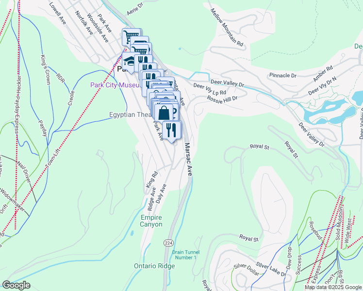 map of restaurants, bars, coffee shops, grocery stores, and more near 156 Sandridge Avenue in Park City
