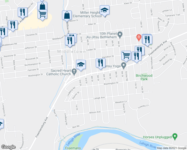 map of restaurants, bars, coffee shops, grocery stores, and more near 1746 4th St in Bethlehem