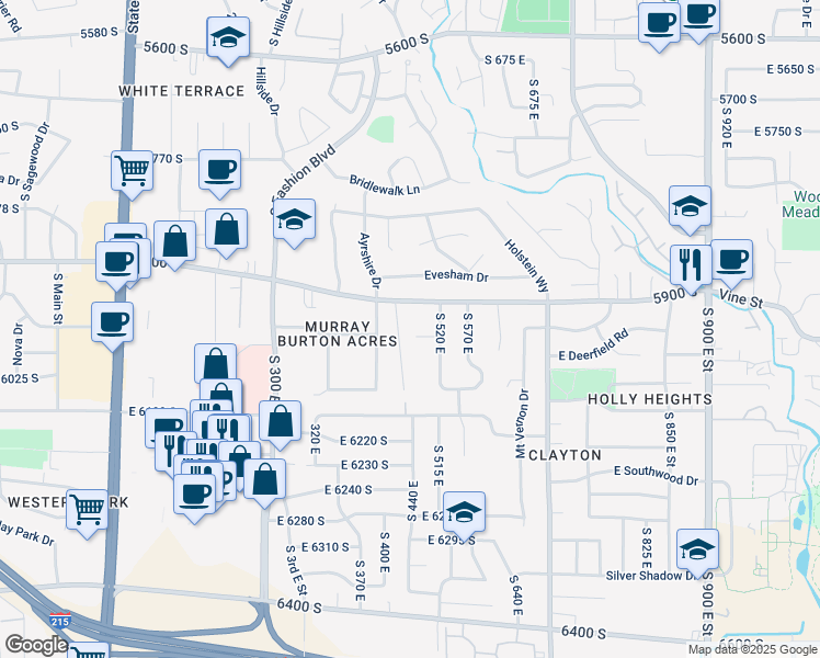 map of restaurants, bars, coffee shops, grocery stores, and more near 475 East 5980 South in Murray