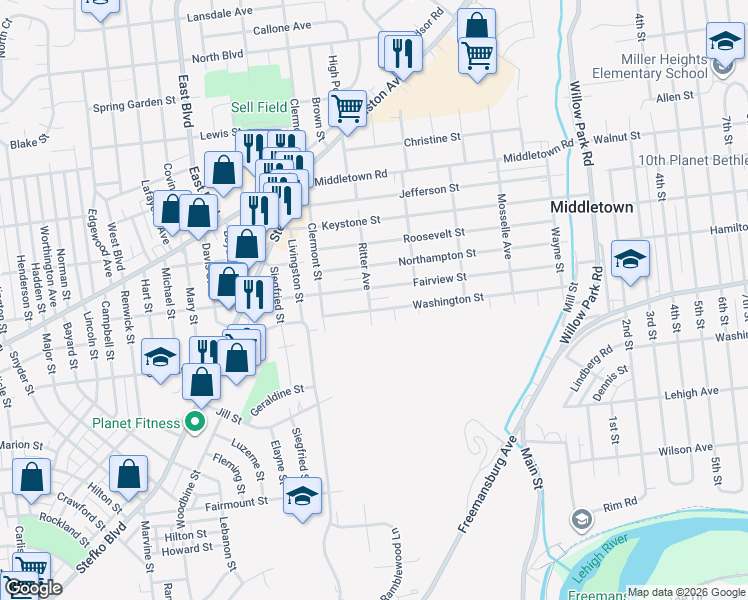 map of restaurants, bars, coffee shops, grocery stores, and more near 1834 Ritter Avenue in Bethlehem