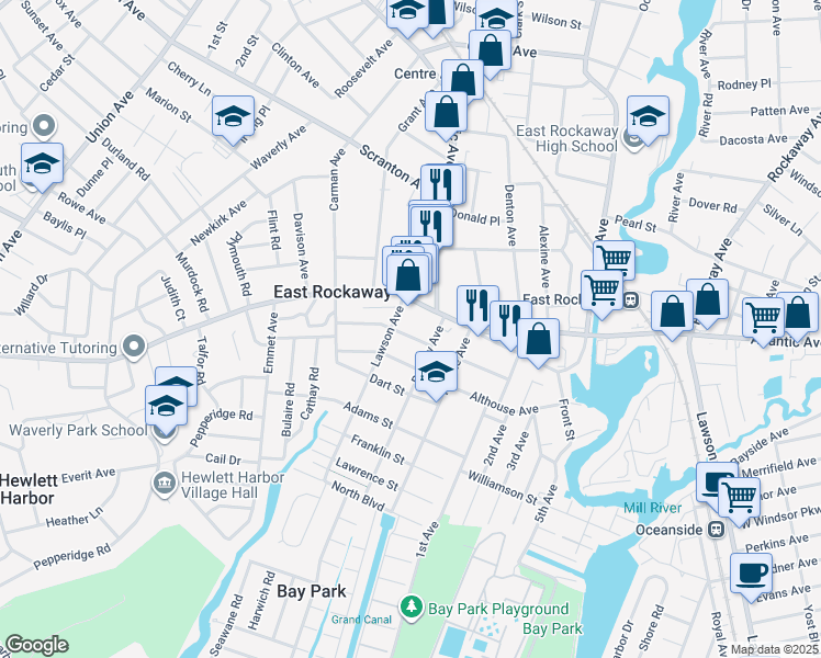 map of restaurants, bars, coffee shops, grocery stores, and more near 74 Davis Street in East Rockaway