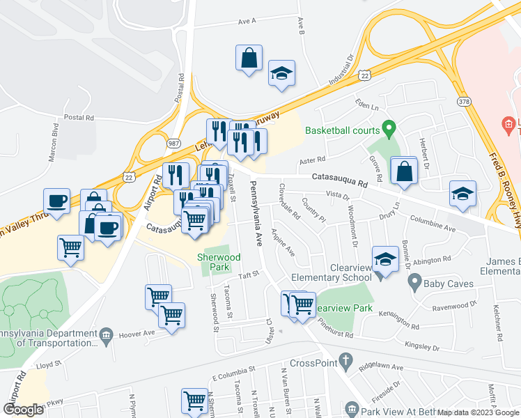 map of restaurants, bars, coffee shops, grocery stores, and more near 2335 Stonehenge Rd in Bethlehem