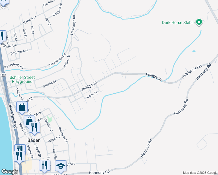 map of restaurants, bars, coffee shops, grocery stores, and more near 1020 Charles St in Baden
