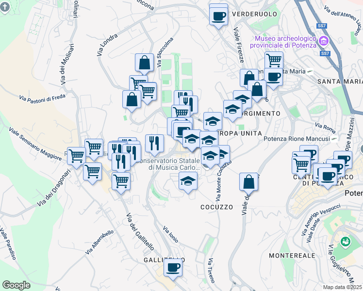 map of restaurants, bars, coffee shops, grocery stores, and more near Piazza della Costituzione Italiana in Potenza