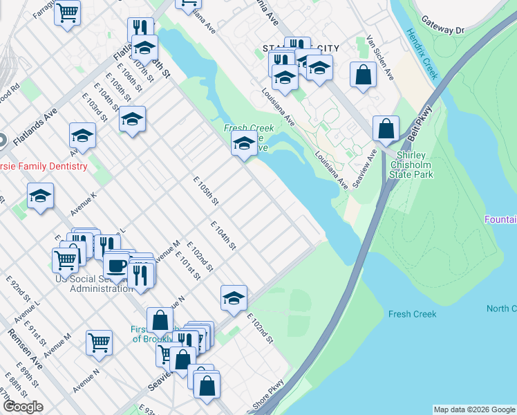 map of restaurants, bars, coffee shops, grocery stores, and more near 10548 Flatlands 7th Street in Brooklyn