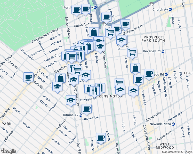 map of restaurants, bars, coffee shops, grocery stores, and more near 433 East 4th Street in Brooklyn