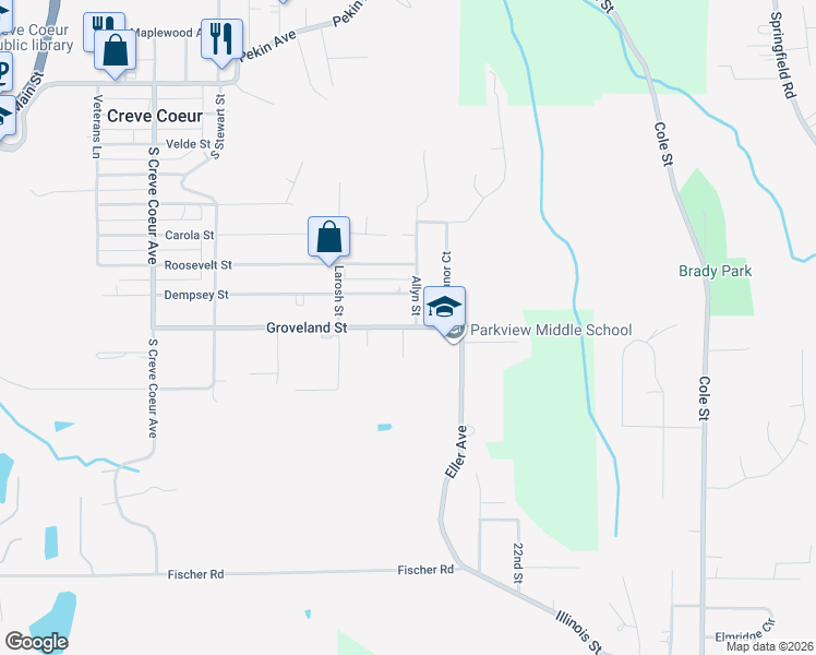 map of restaurants, bars, coffee shops, grocery stores, and more near 667 Groveland Street in Creve Coeur