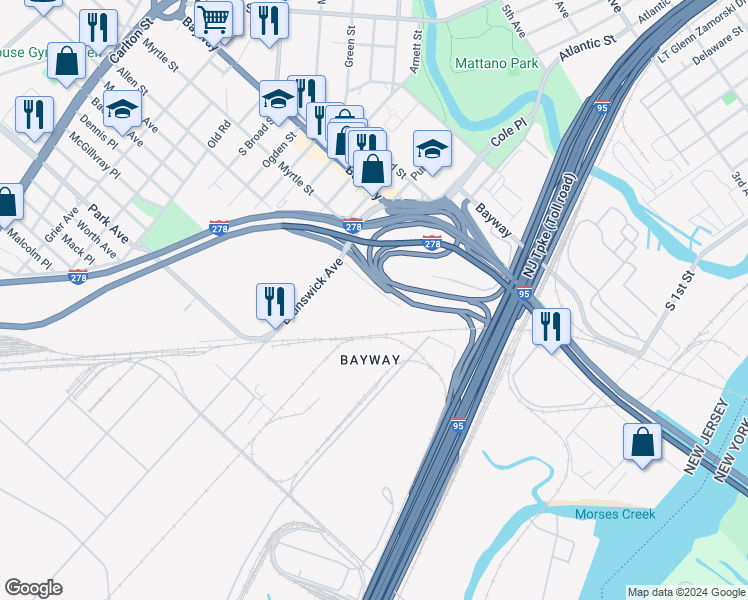 map of restaurants, bars, coffee shops, grocery stores, and more near 410 Allen Street in Elizabeth