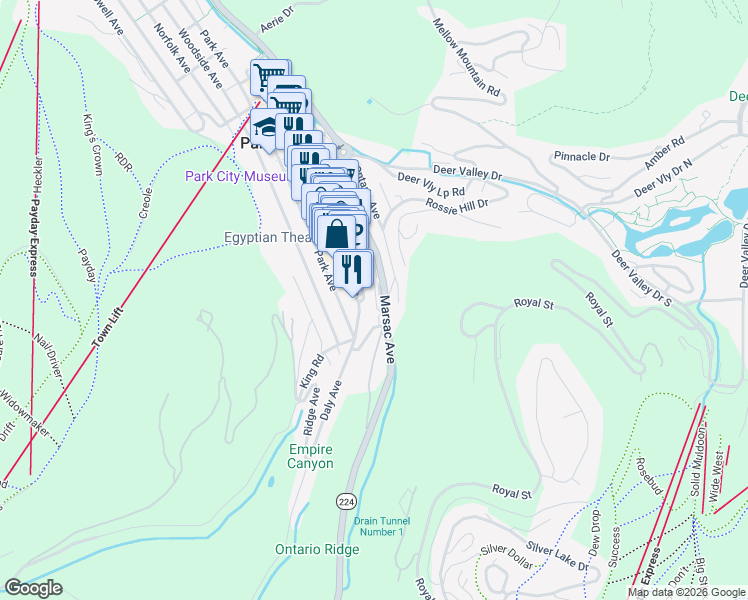 map of restaurants, bars, coffee shops, grocery stores, and more near 156 Sandridge Avenue in Park City