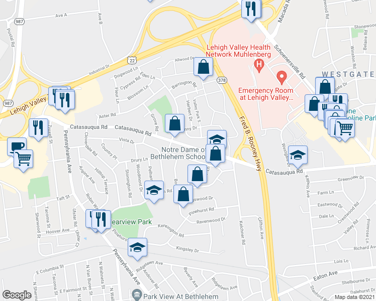 map of restaurants, bars, coffee shops, grocery stores, and more near 1919 Catasauqua Road in Bethlehem