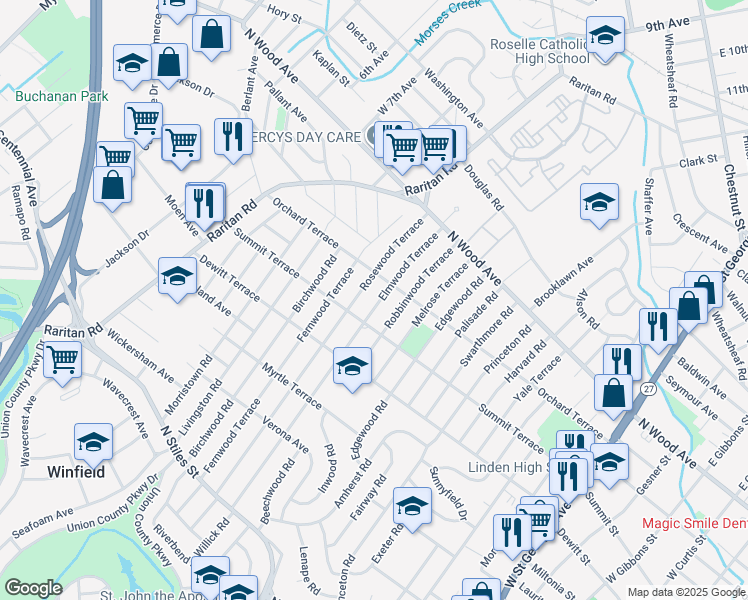 map of restaurants, bars, coffee shops, grocery stores, and more near 122 Elmwood Terrace in Linden