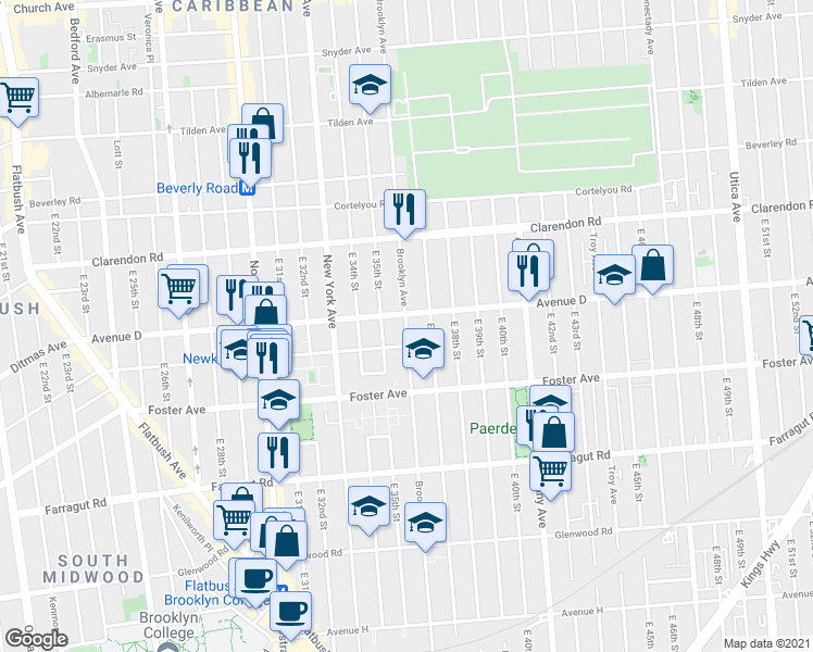 map of restaurants, bars, coffee shops, grocery stores, and more near 1320 Brooklyn Avenue in Brooklyn