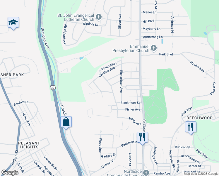 map of restaurants, bars, coffee shops, grocery stores, and more near 410 Fisher Avenue in East Liverpool