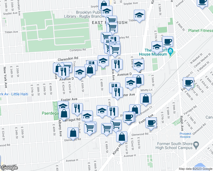 map of restaurants, bars, coffee shops, grocery stores, and more near 836 East 49th Street in Brooklyn