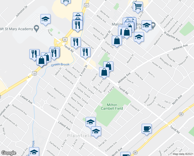 map of restaurants, bars, coffee shops, grocery stores, and more near 1454 Edwin Place in Plainfield