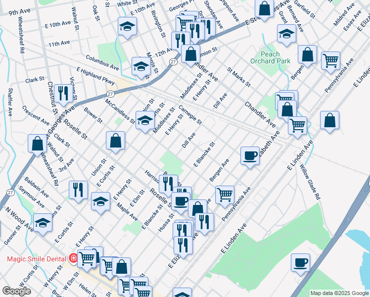 map of restaurants, bars, coffee shops, grocery stores, and more near 828 Dill Avenue in Linden