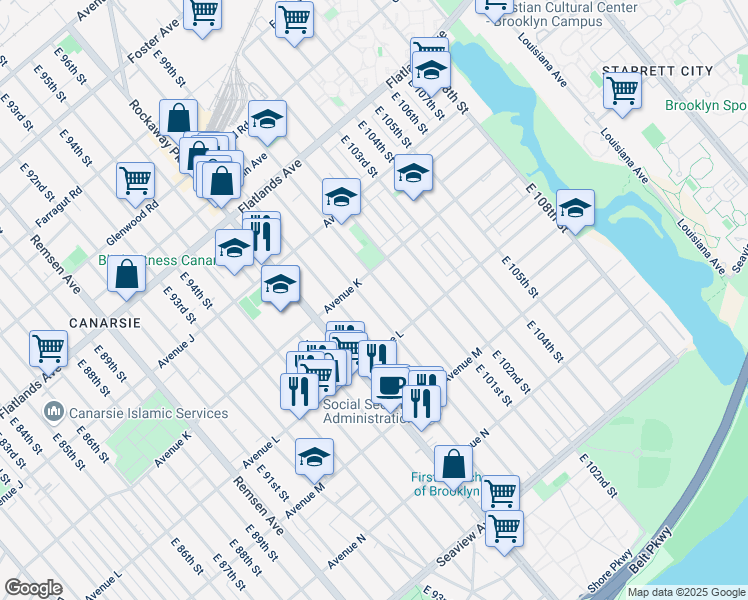 map of restaurants, bars, coffee shops, grocery stores, and more near 1129 E 99th St in Brooklyn
