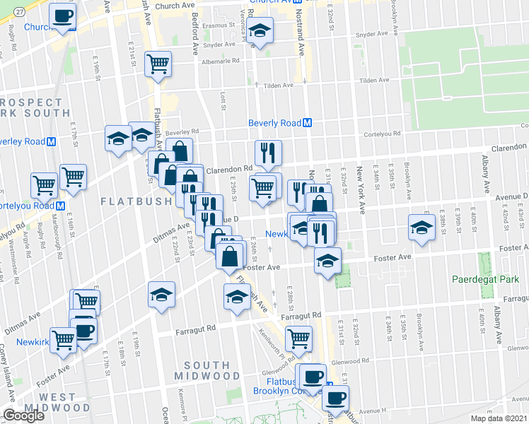 map of restaurants, bars, coffee shops, grocery stores, and more near 2623 Avenue D in Brooklyn