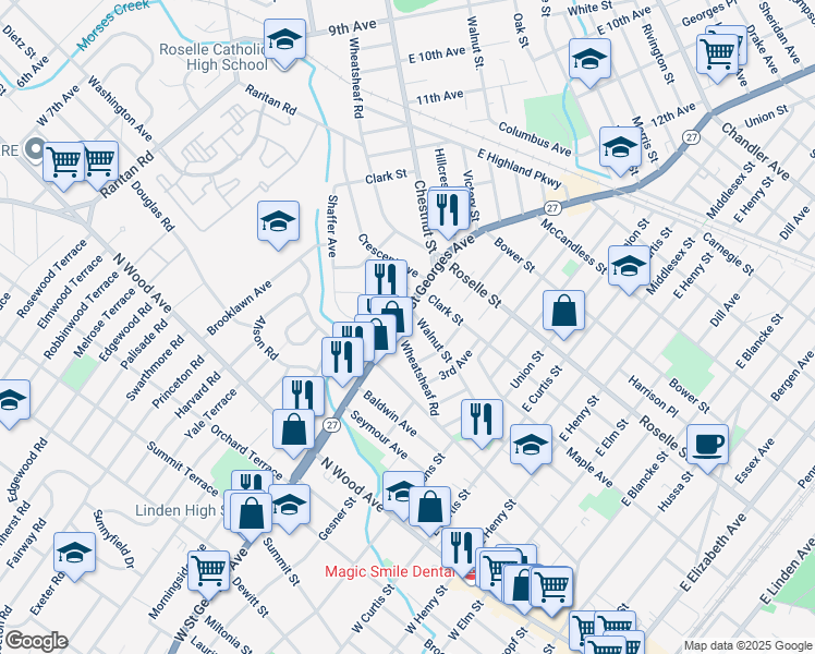 map of restaurants, bars, coffee shops, grocery stores, and more near 300 East Saint Georges Avenue in Linden