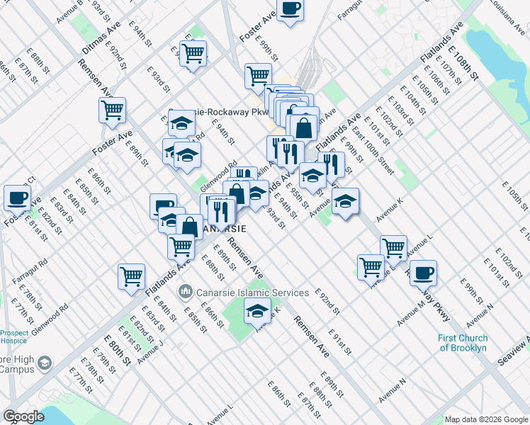 map of restaurants, bars, coffee shops, grocery stores, and more near 1190 East 93rd Street in Brooklyn