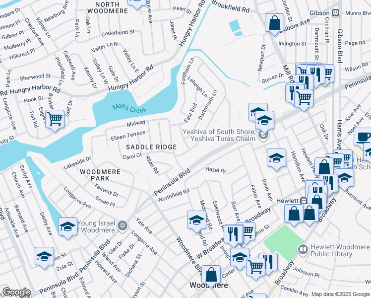 map of restaurants, bars, coffee shops, grocery stores, and more near 964 South End in Woodmere