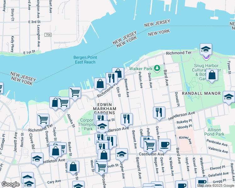 map of restaurants, bars, coffee shops, grocery stores, and more near 40 Elm Street in Staten Island