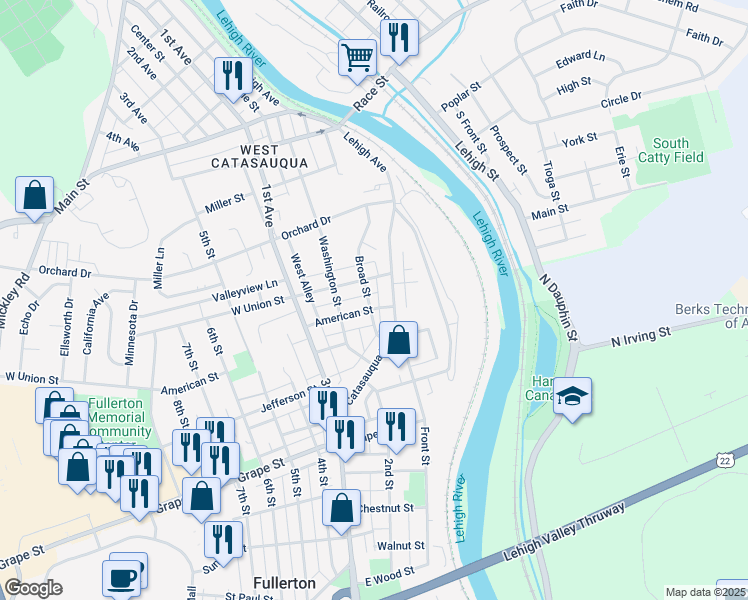 map of restaurants, bars, coffee shops, grocery stores, and more near 123 American St in Fullerton