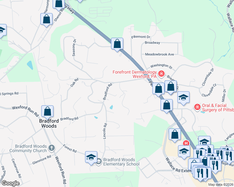 map of restaurants, bars, coffee shops, grocery stores, and more near 811 Willow Road in Bradford Woods