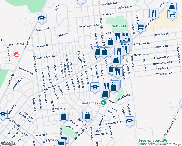 map of restaurants, bars, coffee shops, grocery stores, and more near 2017 Hart Street in Bethlehem
