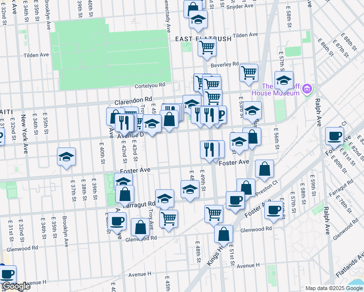 map of restaurants, bars, coffee shops, grocery stores, and more near 1299 Schenectady Avenue in Brooklyn