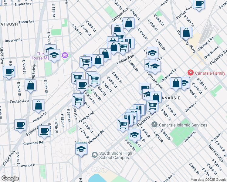 map of restaurants, bars, coffee shops, grocery stores, and more near 589 East 84th Street in Brooklyn
