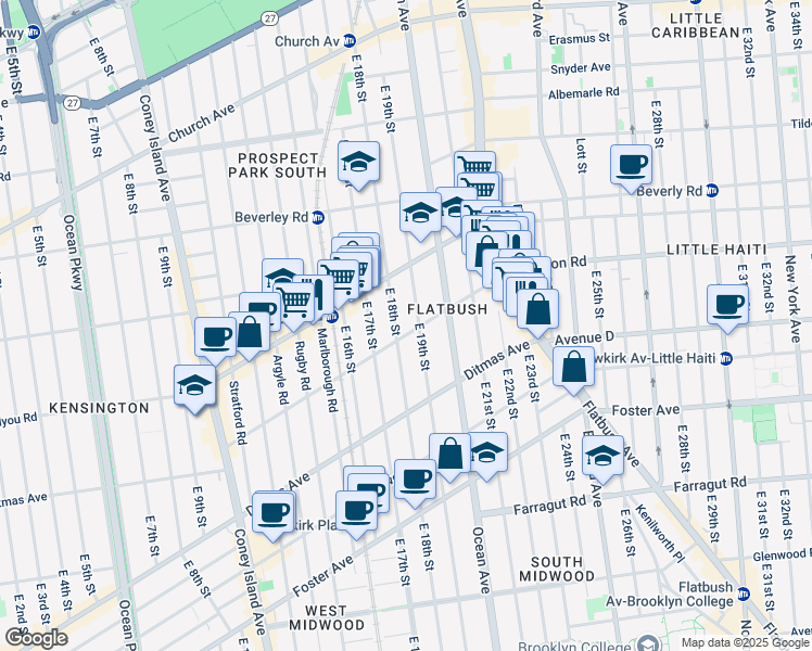 map of restaurants, bars, coffee shops, grocery stores, and more near 1801 Dorchester Road in Brooklyn