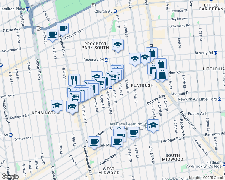 map of restaurants, bars, coffee shops, grocery stores, and more near 386 East 16th Street in Brooklyn